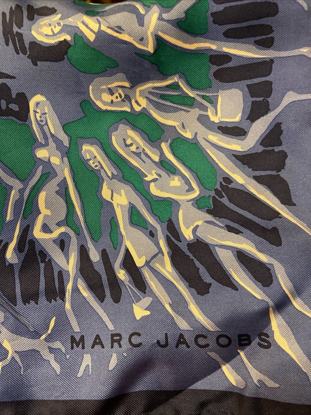 Marc Jacobs Blue Silk Scarf w/ Green & Yellow Graphic Women w/ Dogs Figures 24”